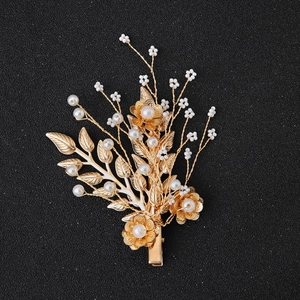 Vintage Gold Leaf Artificial Pearl Flower Hair Clip Alloy Bridal Wedding Hairpin Elegant Side Clip For Women Hair Accessories