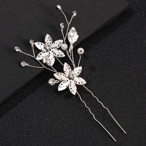 Épingle à cheveux de mariée en argent avec fleurs creuses, perles et strass brillants