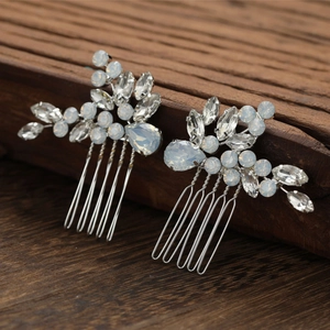 Lot de peignes à cheveux de mariée argentés avec pierres d'opale et fleurs en cristal