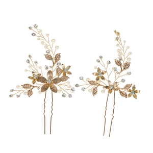 Épingles à cheveux de mariée dorées avec perles et cristaux en lot de deux pour coiffure