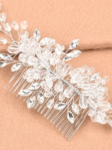 Peigne à cheveux de mariée argenté orné de perles de cristal et de feuilles en fil de fer