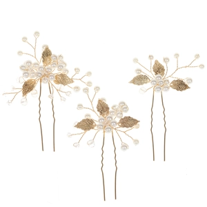 Set di 3 forcine a U con foglie dorate e perle per acconciature da sposa eleganti