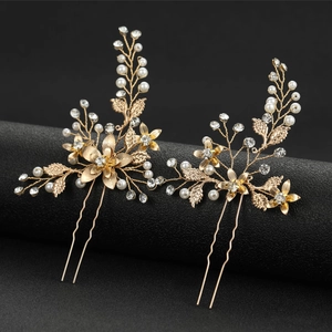 Pics à Cheveux de Mariée en Alliage Doré Fleur Feuille Avec Fausse Künstliche Perle Strass Bijoux de Cheveux Mariage Femme