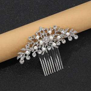 Pettine per capelli argento con strass e perle bianche per acconciature da sposa