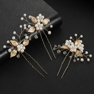 Set da 3 forcine per capelli a forma di U dorate con foglie e perle per acconciature eleganti