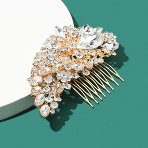 Peigne à cheveux élégant en alliage doré avec cristaux brillants et strass clairs