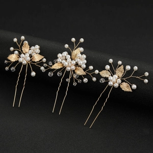 Set di 3 forcine per capelli dorate con foglie e perle per acconciature da sposa