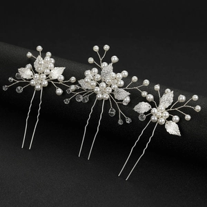 Set di 3 forcine a U argentate con perle e foglie di cristallo per acconciature da sposa