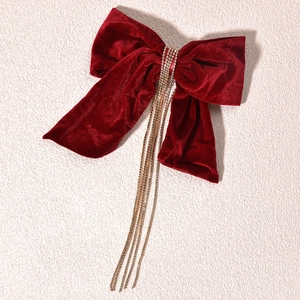 French Vintage Burgundy Velvet Bow Hair Clip With Rhinestone Tassel Fringe Elegant Wedding Bridal Hair Accessories For Women