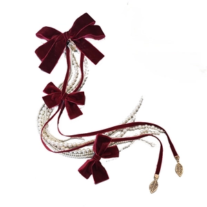Vintage Bow Hair Accessory Set With Artificial Pearl Tassel Golden Leaf Pendant Optional Earrings For Women Wedding Elegant Headdress