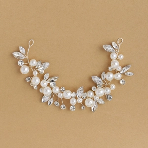 Serre-tête de mariée élégant avec perles blanches et strass marquise sur fil argent