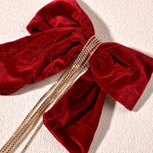 Vintage burgundy velvet bow hair clip with luxury rhinestone fringe tassels for women
