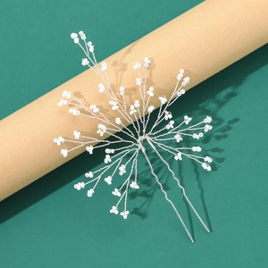 Elegant U-shaped silver hairpin with delicate white beaded pearls for bridal hair styling