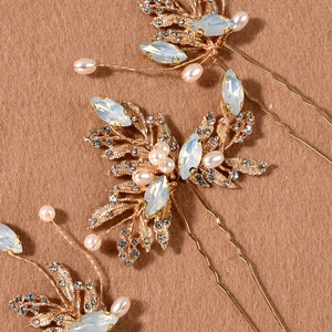 Lot de pics à cheveux de mariée faits main avec fil doré, opales et perles blanches