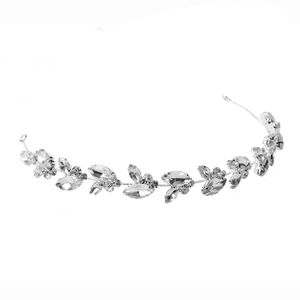 Silver bridal headband featuring marquise crystals and leaf vine design on white background