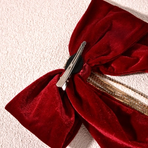 French vintage burgundy velvet bow hair clip with elegant gold rhinestone tassels