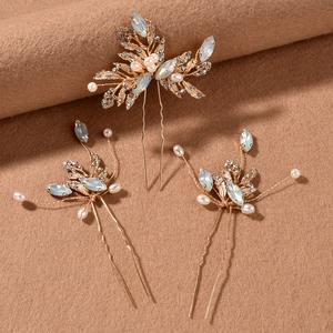 Lot de 3 épingles à cheveux de mariage dorées avec cristaux opale et perles blanches