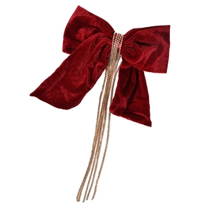 Elegant burgundy velvet bow hair clip with sparkling long tassel rhinestones for weddings