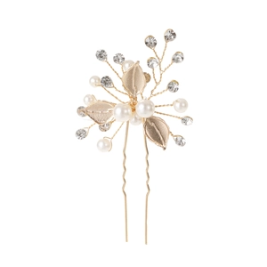 European gold bridal hair pin with white pearls, metallic leaves and sparkling crystals