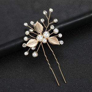 Vintage Gold Bridal Hair Stick U-Shaped Hairpin With Artificial Pearls And Rhinestone Leaf Wedding Hair Accessories For Women