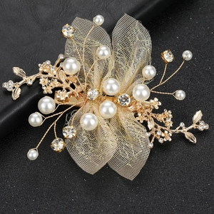 Golden bridal flower hair clip with mesh bow pearls and rhinestones for wedding dresses