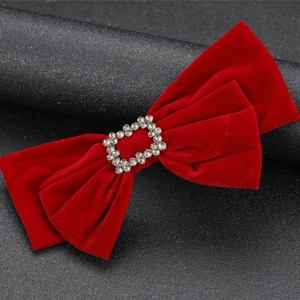 Elegant vintage wine red velvet bow hair clip with crystal buckle for women