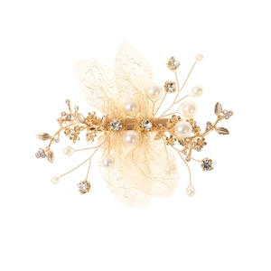 Golden bridal hair clip with pearls, rhinestones and mesh flower for weddings
