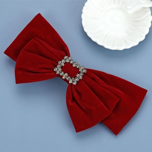 Retro Wine Red Large Plush Bow Hair Clip With Rhinestone Buckle For Women Wedding Party Elegant Vintage Hair Accessories