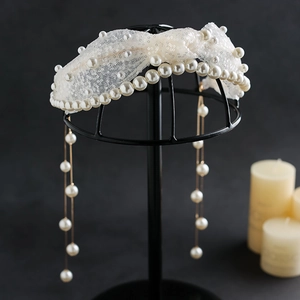 Vintage Bridal Artificial Pearl Sequin Headband Korean Elegant Tassel Hair Band Wedding Photography Hair Accessories Women