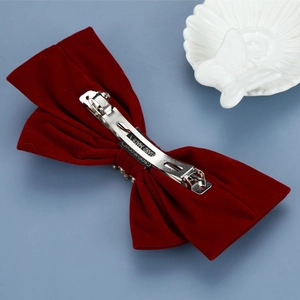 Vintage burgundy velvet bow hair clip for women with handmade silver metal spring barrette