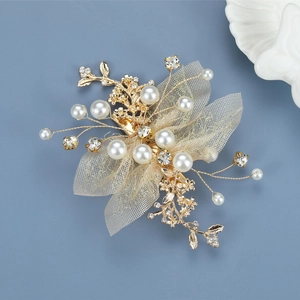 Vintage Gold Mesh Flower Hair Clip With Faux Artificial Pearls Rhinestones Elegant Bridal Wedding Hair Accessories For Women Girls