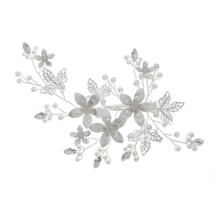 Silver bridal hair clip with hollow leaves, opal crystals, and white pearls for weddings
