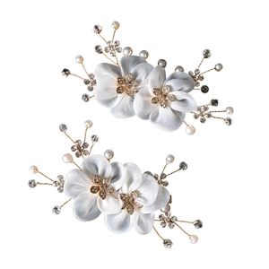 Elegant set of two handmade white floral bridal hair pins with pearls and crystals