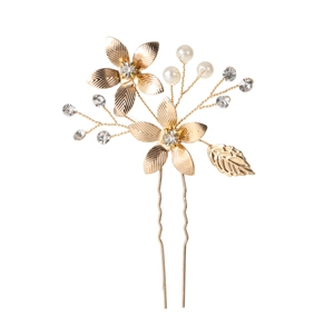 Golden flower U-shaped hair pin with white pearls and crystals for wedding bridal hair