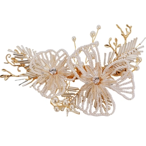 Elegant bridal hair clip with handmade pearls, rhinestones, and gold floral wire design