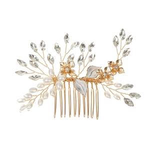 Peigne à cheveux de mariée scintillant avec perles et cristaux marquise en métal doré