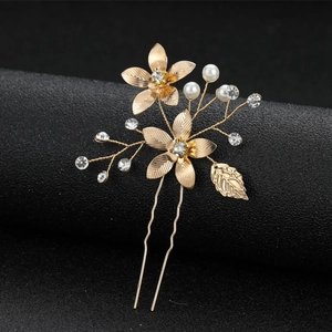 Épingle à cheveux mariée fleur dorée avec perles et strass sur base en forme de U