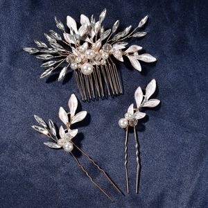 Bridal Hair Comb Set Alloy Rhinestone Artificial Pearl Gold Hairpins Wedding Headpiece For Women Elegant Floral Hair Accessories