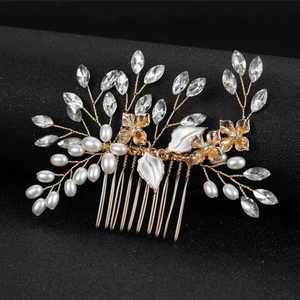 Peigne à cheveux de mariée avec fils d'or, perles blanches et feuilles de strass