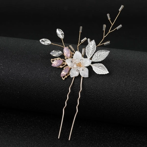 Épingle à Cheveux Mariée Alliage Feuille Fleur Strass Mariage Bâton Bleu Rose Épingles en U Bijoux Accessoire