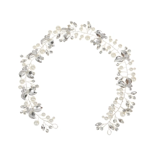 Silver bridal hair vine with pearls, crystals and metallic leaves on white background