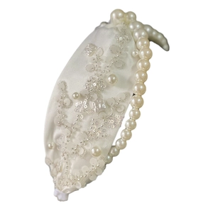 Elegant bridal white sequin headband with faux pearl embroidery and floral pattern