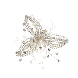 Barrette de mariée argentée exquise avec strass en cristal et design papillon fait main