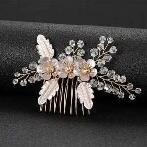 Pettine per capelli da sposa con foglie d'oro, fiori opachi e cristalli scintillanti
