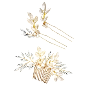 Exquisite champagne gold bridal hair comb and pins set with crystals and pearls