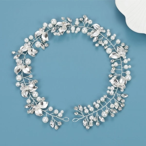 Silver bridal hair chain with handmade pearls, rhinestones and wheat-shaped leaves