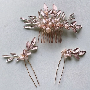 Elegant bridal hair jewelry set with rose gold leaves, pearls and crystals hairpins