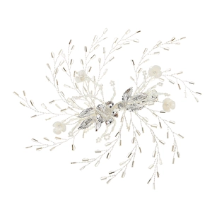 Bijou de tête mariée élégant avec fil d'argent, fleurs blanches et perles de cristal