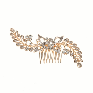 Elegant gold flower and leaf hair comb with sparkling rhinestones for bridal hairstyle