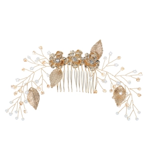 Elegant gold bridal hair comb with handmade flowers, leaves, pearls and crystals